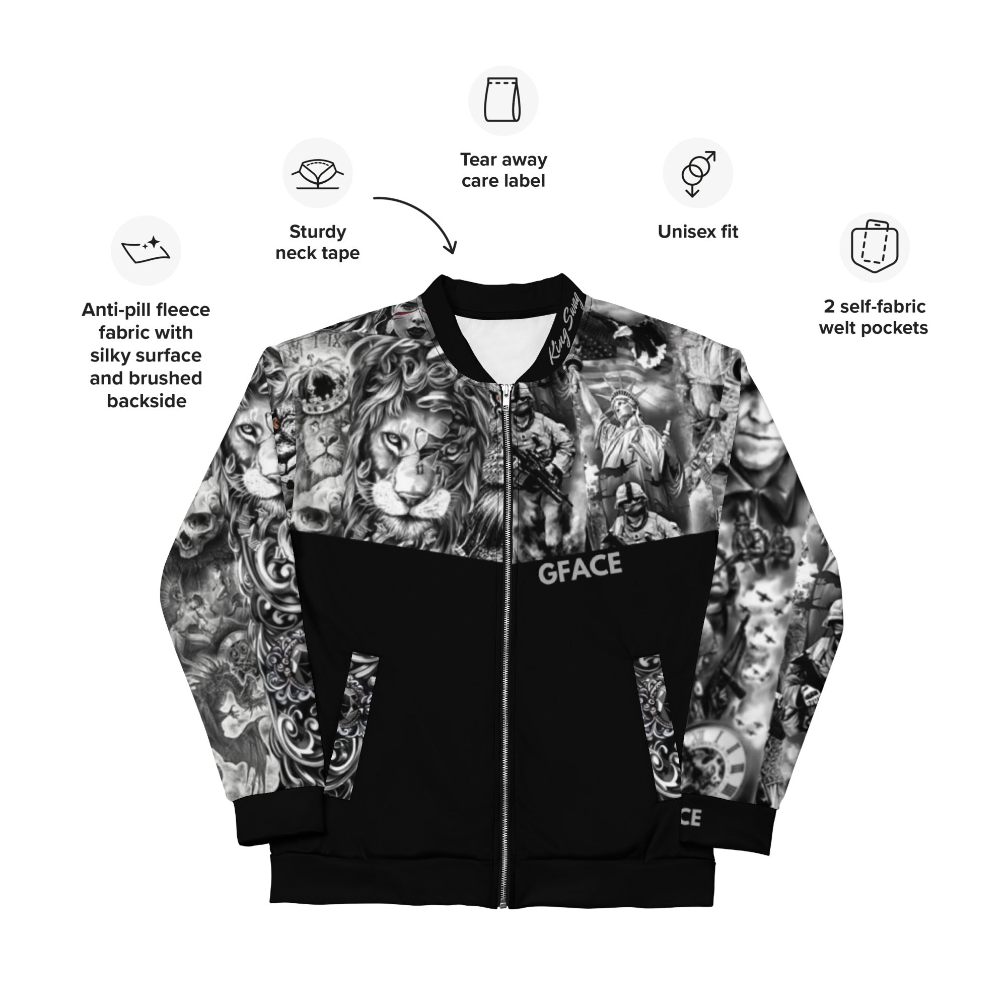 Unisex Bomber Jacket King Gface Tattoo Swag (option 1) logo on rear
